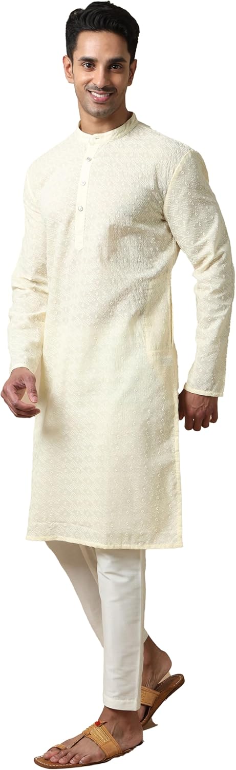 Filori Studio – Men’s Pure Cotton Thread Embroidered Long Kurta (Kurta Only)