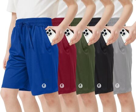 5 Pack Boys Athletic Shorts with Pockets Active Youth Basketball Shorts Quick Dry Kids Gym Soccer Shorts