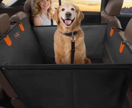 FURTIME Large Dog Car Seat, Upgraded PU Leather Back Seat Extender with Hard Bottom, Waterproof Pet Car Seat Cover for Medium Sized Dog, Pet Hammock for Cars, SUVs, Trucks