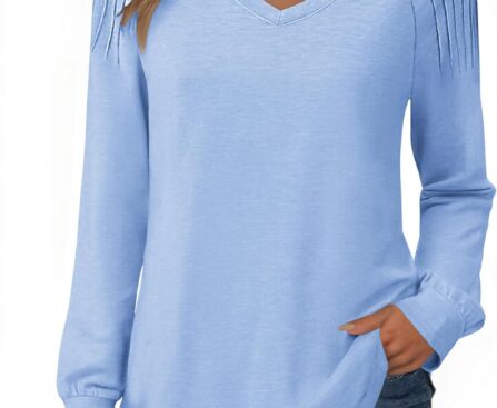 Zeagoo Womens Long Sleeve Tops V Neck Pleated Shirts Dressy Casual Blouses Fall Fashion Tunic Clothes 2025 T-Shirts