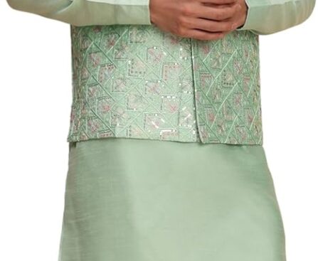 Pro-Ethic Style Developer Men’s Cuffed Sleeves Silk Kurta and Trouser Set with Waistcoat (Nehru Jacket) (C-119)