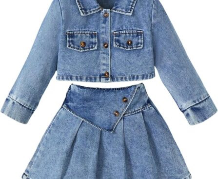 MakeMeChic Toddler Baby Girl 2 Piece Outfits Long Sleeve Collared Denim Jacket and Pleated A Line Jean Skirt Sets