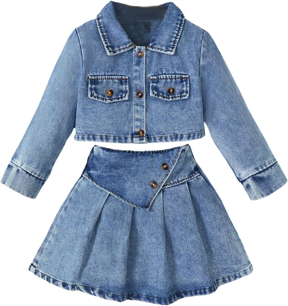MakeMeChic Toddler Baby Girl 2 Piece Outfits Long Sleeve Collared Denim Jacket and Pleated A Line Jean Skirt Sets