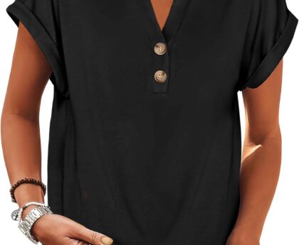 ANRABESS Womens Short Sleeve Henley Tops V Neck Dressy Casual Blouses Summer Trendy Tee Shirts 2025 Vacation Fashion Clothes