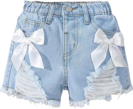Verdusa Toddler Girl’s Jeans Shorts Cute Coquette Bowknot Ripped Distressed Denim Shorts