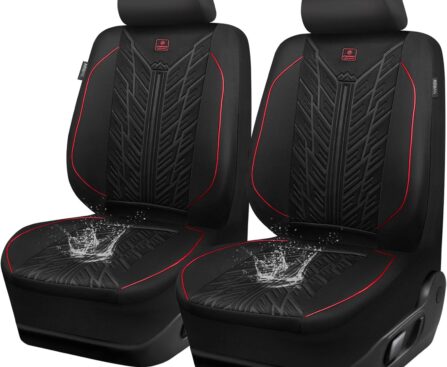 CAR PASS Waterproof Car Seat Covers Front Seats,Neoprene Seat Covers 3D Tyre Embossed,All-Weather Automotive Seat Cover Non-Slip Durable,Universal Fit for SUVs Cars Trucks, Airbag Compatible,Black Red