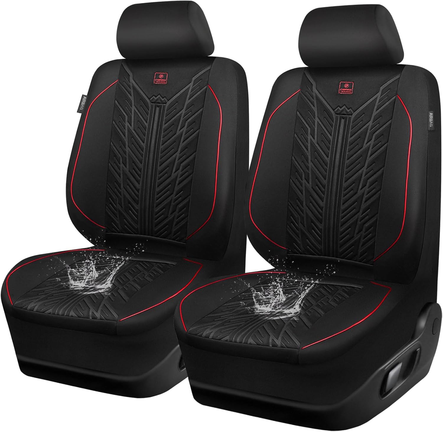 CAR PASS Waterproof Car Seat Covers Front Seats,Neoprene Seat Covers 3D Tyre Embossed,All-Weather Automotive Seat Cover Non-Slip Durable,Universal Fit for SUVs Cars Trucks, Airbag Compatible,Black Red