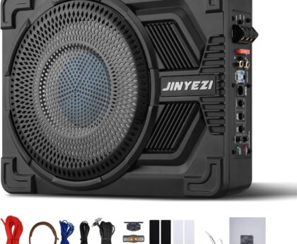 10″ 1200W Under Seat Subwoofers with Amp, Class D Digital Amp & Efficient Heat Dissipation Design, Independent Control for Low-Pass Filter/Gain/Bass Boost, Suitable for Trucks/SUVs/Jeeps/MPVs