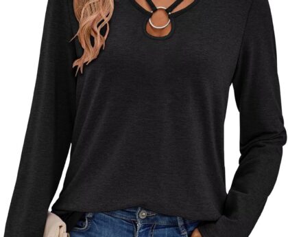 Women’s Long Sleeve Tops Keyhole Neck Detail Crew Neck Shirts Ring Cut Out Design Stretchy Tees 2025