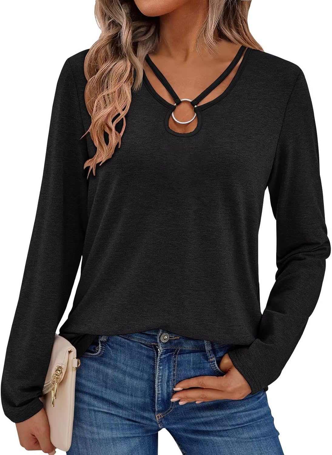 Women’s Long Sleeve Tops Keyhole Neck Detail Crew Neck Shirts Ring Cut Out Design Stretchy Tees 2025
