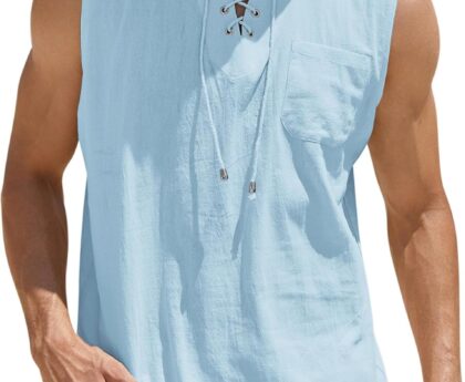 COOFANDY Men’s Cotton Linen Tank Top Shirts Casual Sleeveless Lace Up Beach Hippie Tops Bohemian Renaissance Pirate Tunic