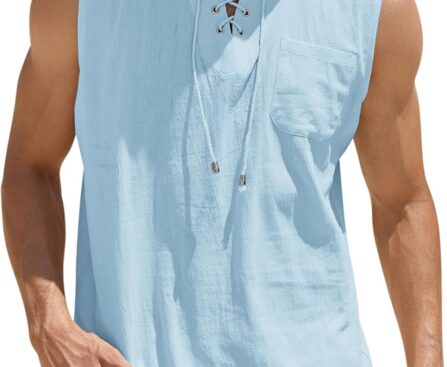COOFANDY Men’s Cotton Linen Tank Top Shirts Casual Sleeveless Lace Up Beach Hippie Tops Bohemian Renaissance Pirate Tunic