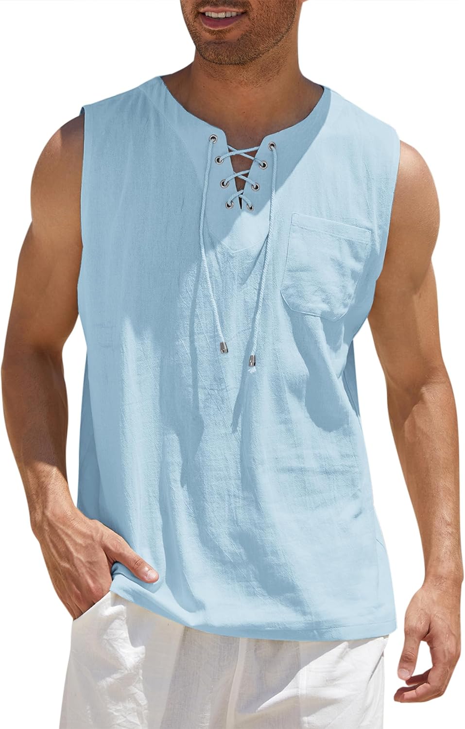 COOFANDY Men’s Cotton Linen Tank Top Shirts Casual Sleeveless Lace Up Beach Hippie Tops Bohemian Renaissance Pirate Tunic