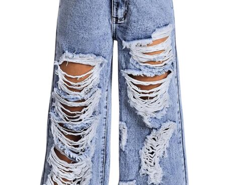 Floerns Girl’s Distressed Jeans Baggy Wide Straight Leg Y2k Ripped Denim Pants