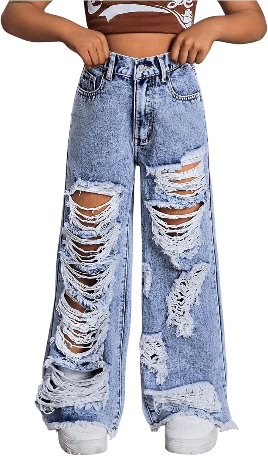 Floerns Girl’s Distressed Jeans Baggy Wide Straight Leg Y2k Ripped Denim Pants
