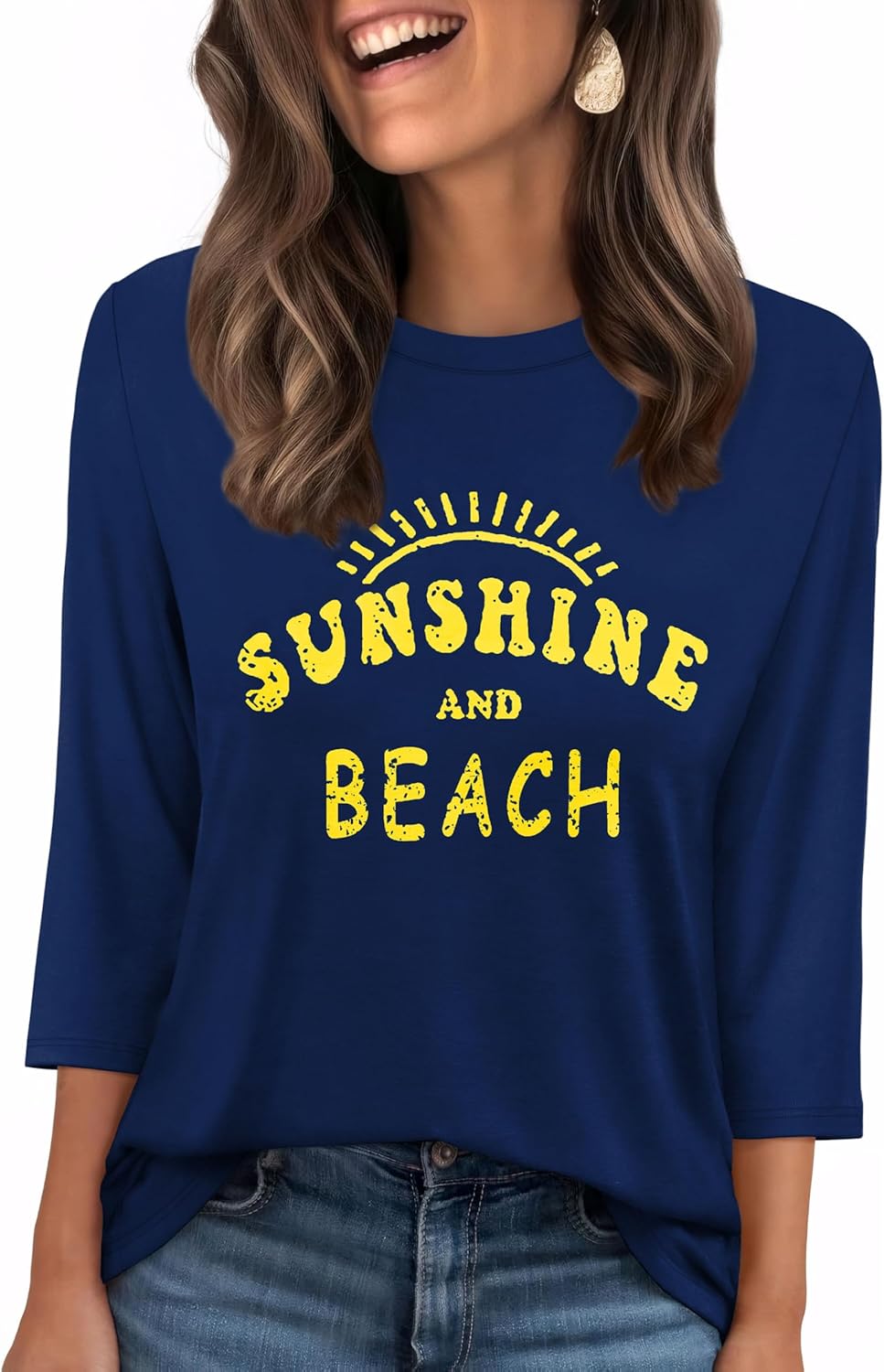 WIHOLL Womens 3/4 Length Sleeve Tops Crewneck Graphic Tees Casual Tunic Tops to Wear with Leggings Fashion Clothing Outfits