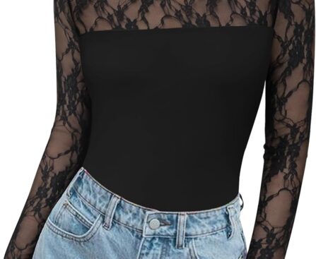 Zeagoo Long Sleeve Shirts for Women’s Lace Tops Mesh Sheer Crew Neck Shirts Sexy Fall Going Out Blouse