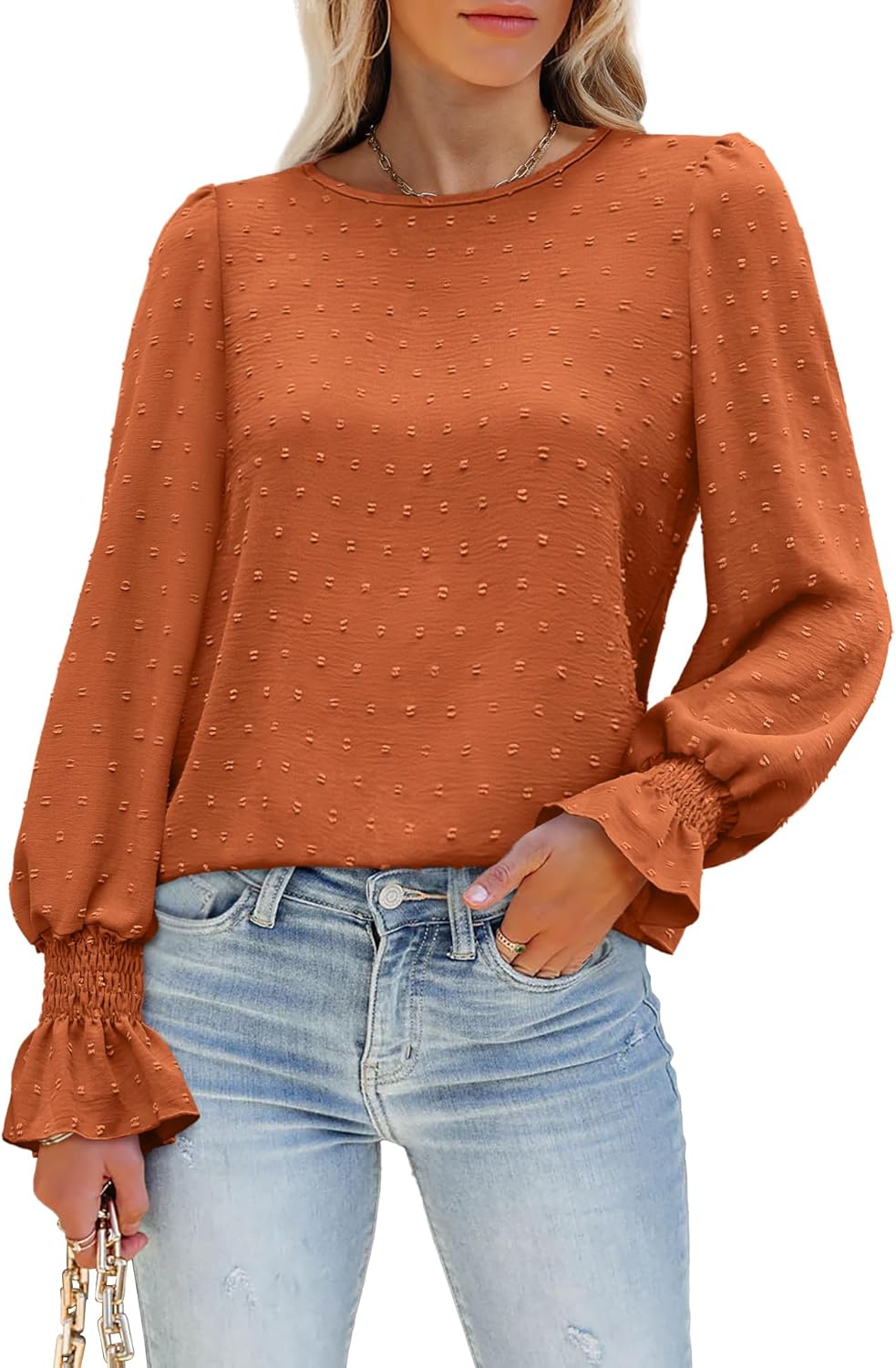 Women’s Long Sleeve Textured Lace Floral Shirts Dressy Casual Blouses 2025 Trendy Fall Work Tops