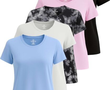 Real Essentials 5 Pack: Women’s Short Sleeve T-Shirts Workout Tops Fitness Pilates Gym Activewear Athletic (Plus Available)