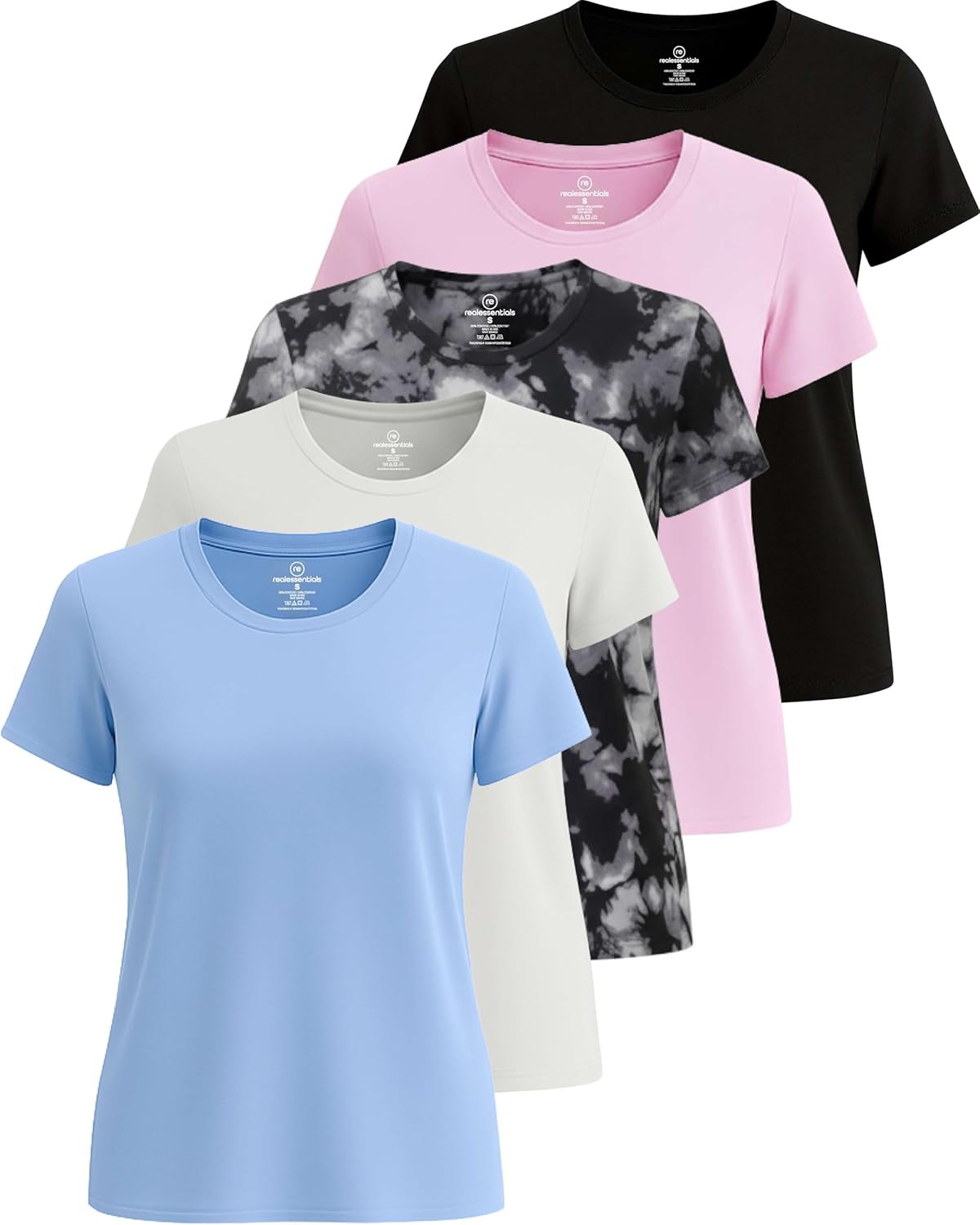 Real Essentials 5 Pack: Women’s Short Sleeve T-Shirts Workout Tops Fitness Pilates Gym Activewear Athletic (Plus Available)