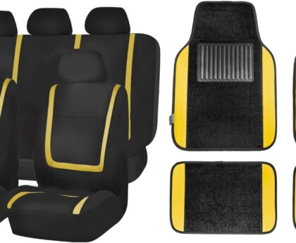 FH Group Unique Flat Cloth Seat Covers with Premium Carpet Floor Mats- Fit Most Car, Truck, SUV, or Van (Yellow/Black) FB032115- F14407