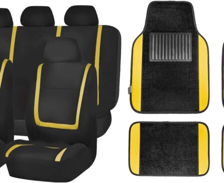 FH Group Unique Flat Cloth Seat Covers with Premium Carpet Floor Mats- Fit Most Car, Truck, SUV, or Van (Yellow/Black) FB032115- F14407