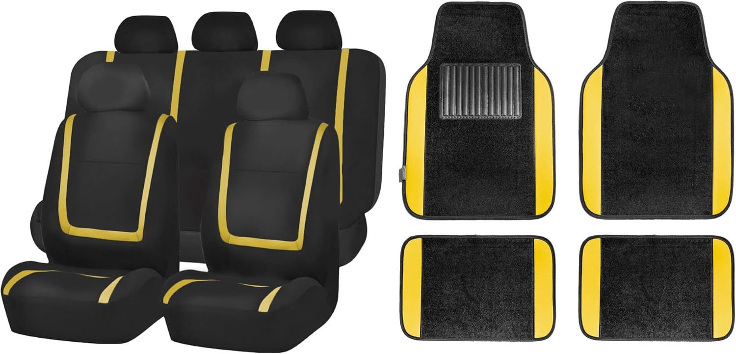 FH Group Unique Flat Cloth Seat Covers with Premium Carpet Floor Mats- Fit Most Car, Truck, SUV, or Van (Yellow/Black) FB032115- F14407