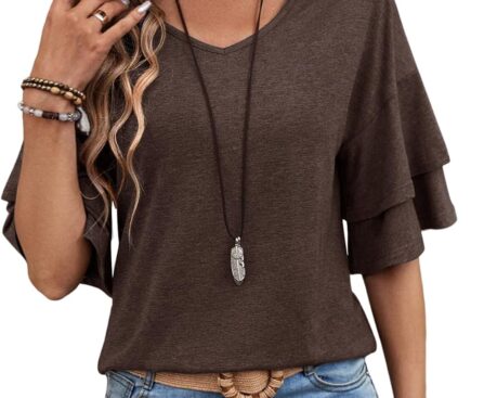 Womens Blouses Ruffle Short Sleeve T Shirts V Neck Double Tiered Bell Outfit 3/4 Sleeve Tops Fashion Loose Fitting clothes