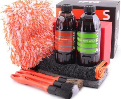 SPTA Car Wash Kit, Clean & Car Wash Kit (9 Items, Including 2-16oz. Car Wash Shampoo, 1Pc Microfiber Mitts,1Pc Red Car Wash Sponge, 2Pcs 16″x16″ Microfiber Detail Towels and 3Pcs Car Detail Brush