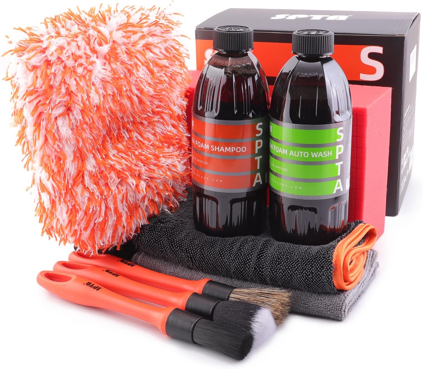SPTA Car Wash Kit, Clean & Car Wash Kit (9 Items, Including 2-16oz. Car Wash Shampoo, 1Pc Microfiber Mitts,1Pc Red Car Wash Sponge, 2Pcs 16″x16″ Microfiber Detail Towels and 3Pcs Car Detail Brush