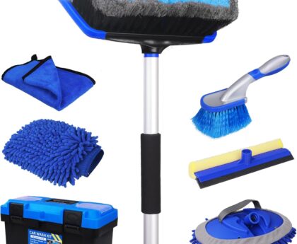 NIKCOSMK 62” Car Wash Brush with Long Handle, Car Wash Kit with Tire Brush, Tower, Window Squeegee, Chenille Microfiber Car Wash Mop Mitt, Car Cleaning Brush Kit Supplies for Car, Truck, SUV, RV