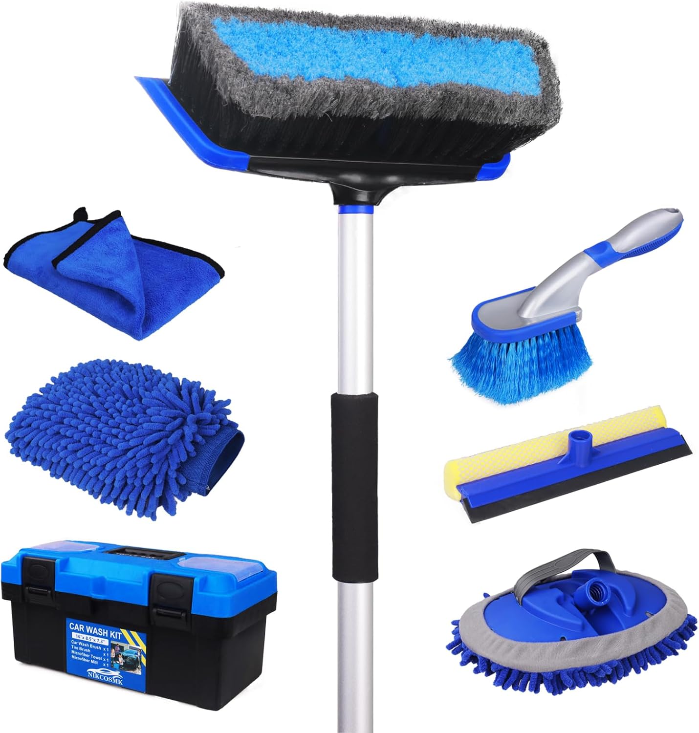 NIKCOSMK 62” Car Wash Brush with Long Handle, Car Wash Kit with Tire Brush, Tower, Window Squeegee, Chenille Microfiber Car Wash Mop Mitt, Car Cleaning Brush Kit Supplies for Car, Truck, SUV, RV