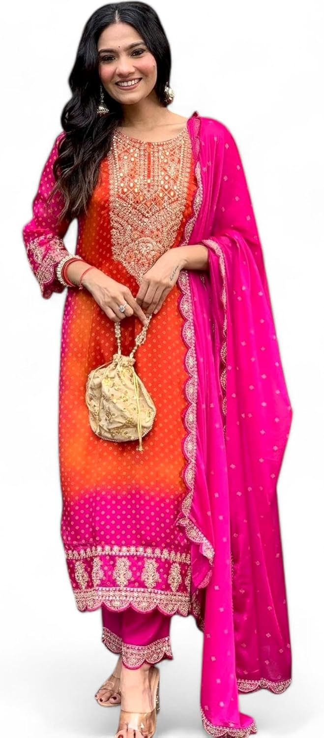 RANGMAHAL Kurta Pant Set for Women – Embroidery Work Indian Tunic Kurta Dress – Chinon Silk Straight Kurti Palazzo Set