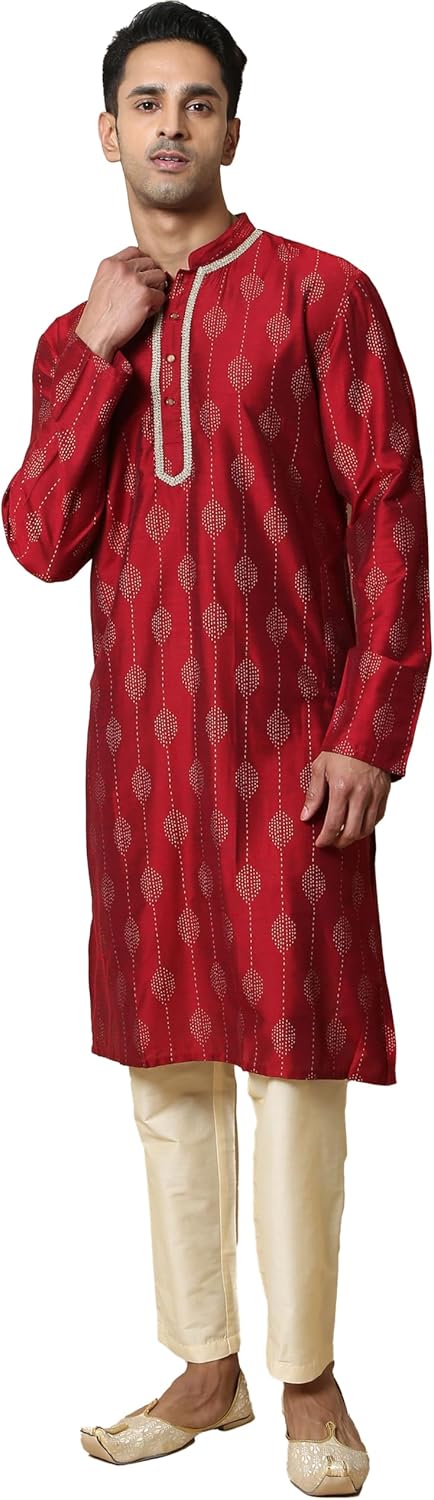 Filori Studio – Men’s Gold Printed Long Kurta with Zari Lace Detailing (Kurta Only)