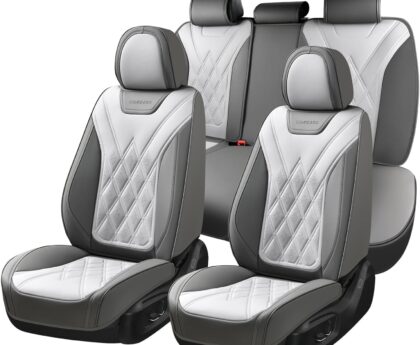 Coverado Car Seat Covers Full Set, Seat Covers for Cars, Front Seat Covers and Back Seat Cover Waterproof Leather Automotive Seat Cover, Universal Car Interior Protectors for Most Cars Light_Gray