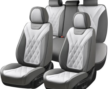 Coverado Car Seat Covers Full Set, Seat Covers for Cars, Front Seat Covers and Back Seat Cover Waterproof Leather Automotive Seat Cover, Universal Car Interior Protectors for Most Cars Light_Gray