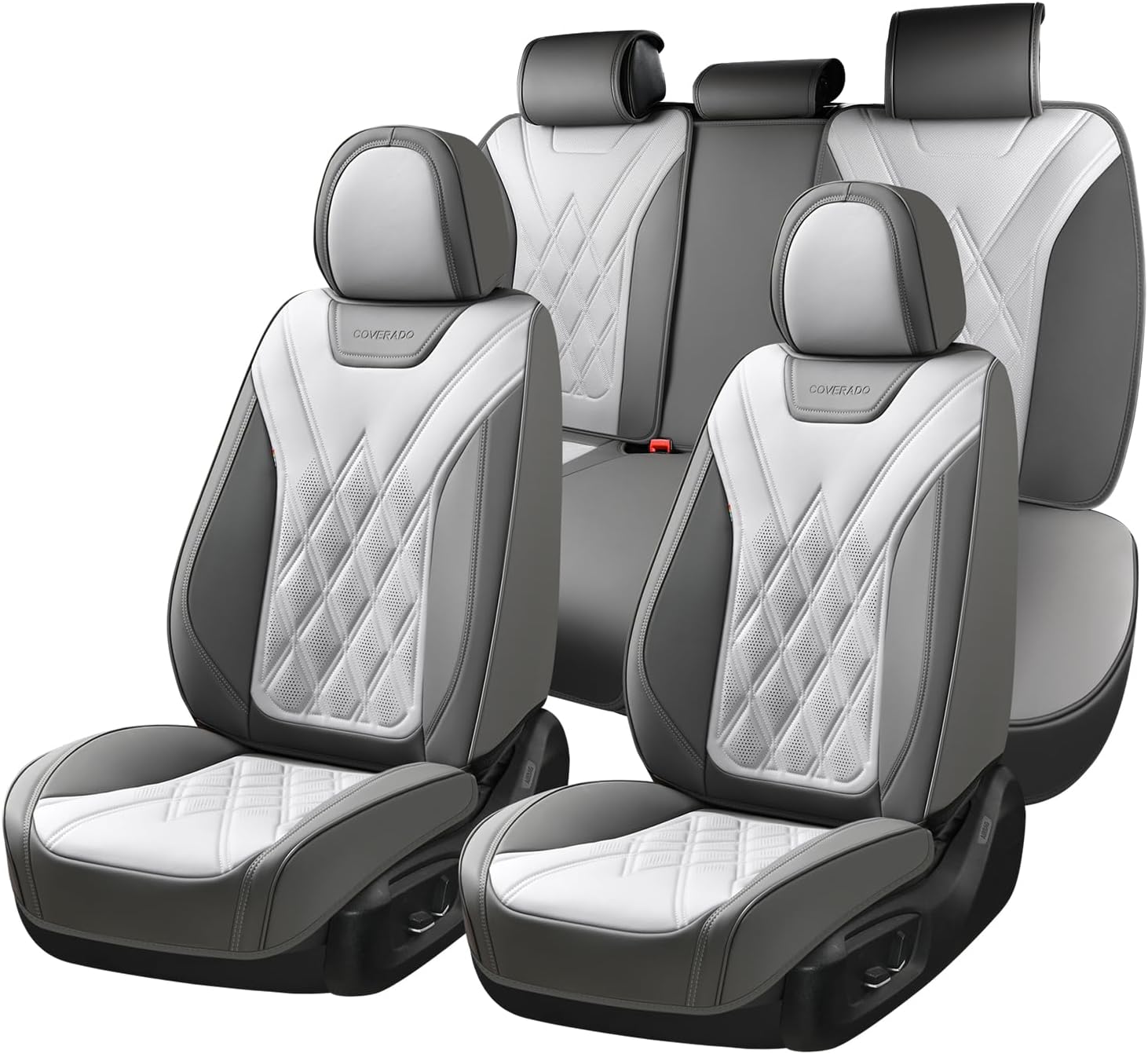 Coverado Car Seat Covers Full Set, Seat Covers for Cars, Front Seat Covers and Back Seat Cover Waterproof Leather Automotive Seat Cover, Universal Car Interior Protectors for Most Cars Light_Gray