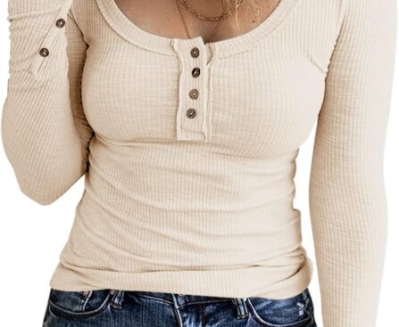 KINLONSAIR Women’s Long Sleeve Henley T Shirts Button Down Slim Fit Tops Scoop Neck Ribbed Knit Shirts