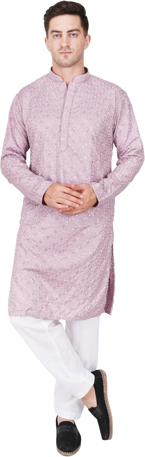 TRILOKI Mens Embroidered Sequined Kurta Pajama Set Rayon Ethnic Indian Traditional Wear