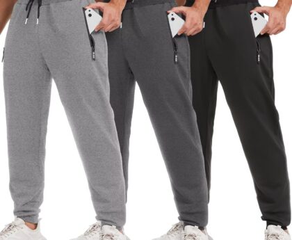 3 Pack Sweatpants for Men Tapered Mens Joggers Pants with Zip Pockets Slim Fit Running Gym Sweat Pants Gifts for Men