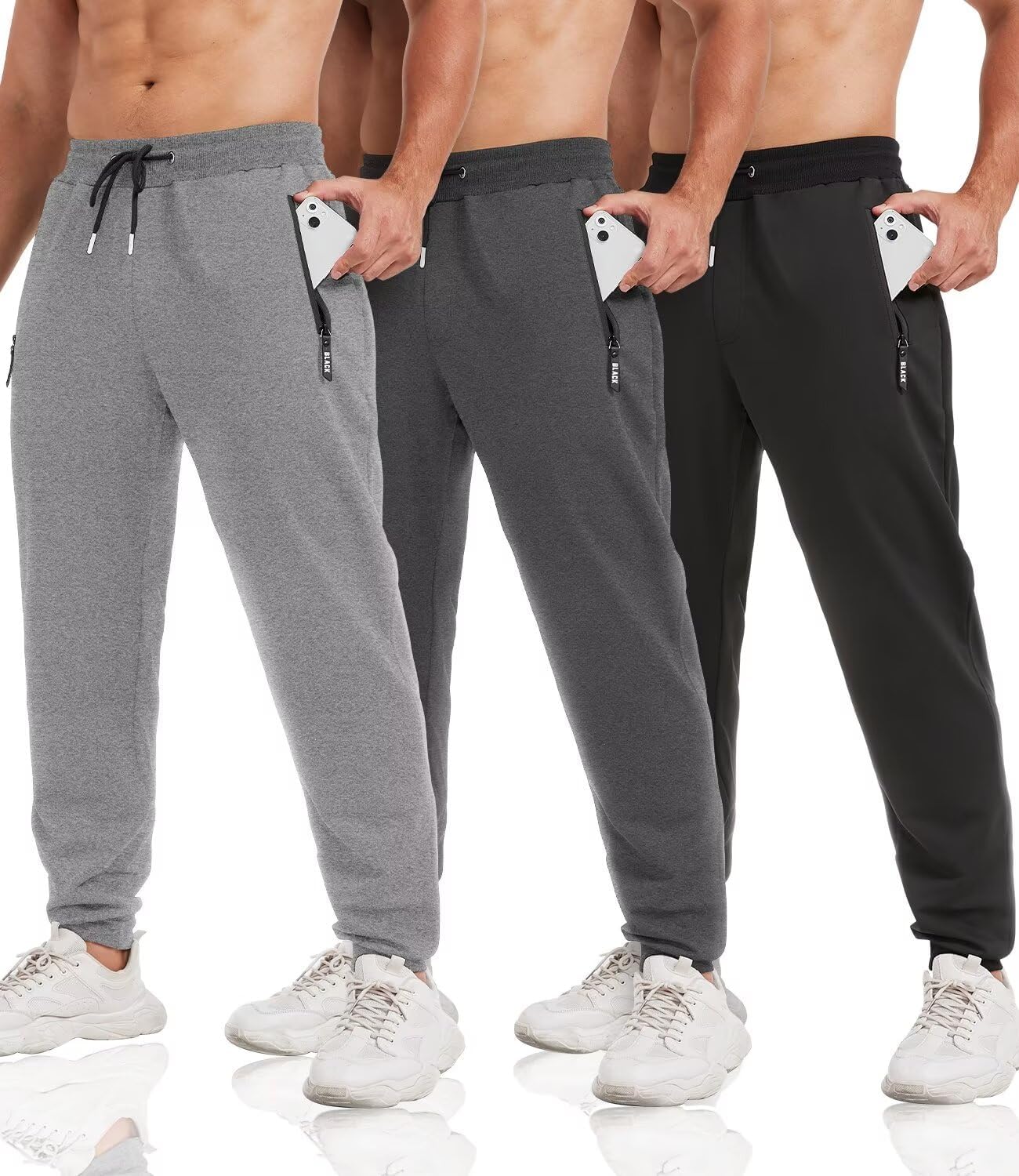 3 Pack Sweatpants for Men Tapered Mens Joggers Pants with Zip Pockets Slim Fit Running Gym Sweat Pants Gifts for Men