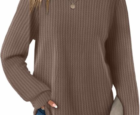 WIHOLL Tunic Tops for Women Loose Fit Dressy Waffle Knit Long Sleeve Shirts Trendy Fall Fashion Crewneck Sweaters Curved Hem