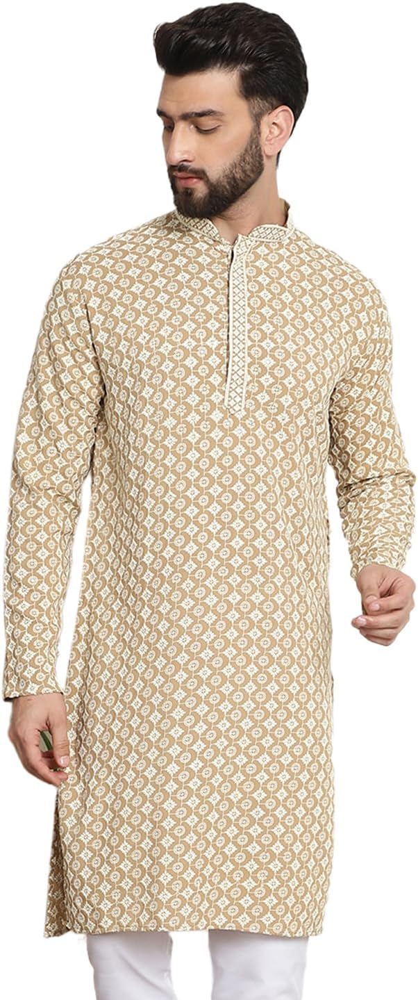 Sojanya (Since 1958 Men’S Cotton Contrast Embroidered Sequinned Long Kurta
