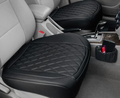 2 Pack Leather Front Car Seat Cover, Anti-Slip and Full Wrap Driver Car Seat Protectors with Storage Pocket, Luxury Waterproof Bottom Auto Seat Cushion Pad Mat for Most Vehicles(Black)