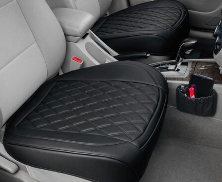 2 Pack Leather Front Car Seat Cover, Anti-Slip and Full Wrap Driver Car Seat Protectors with Storage Pocket, Luxury Waterproof Bottom Auto Seat Cushion Pad Mat for Most Vehicles(Black)