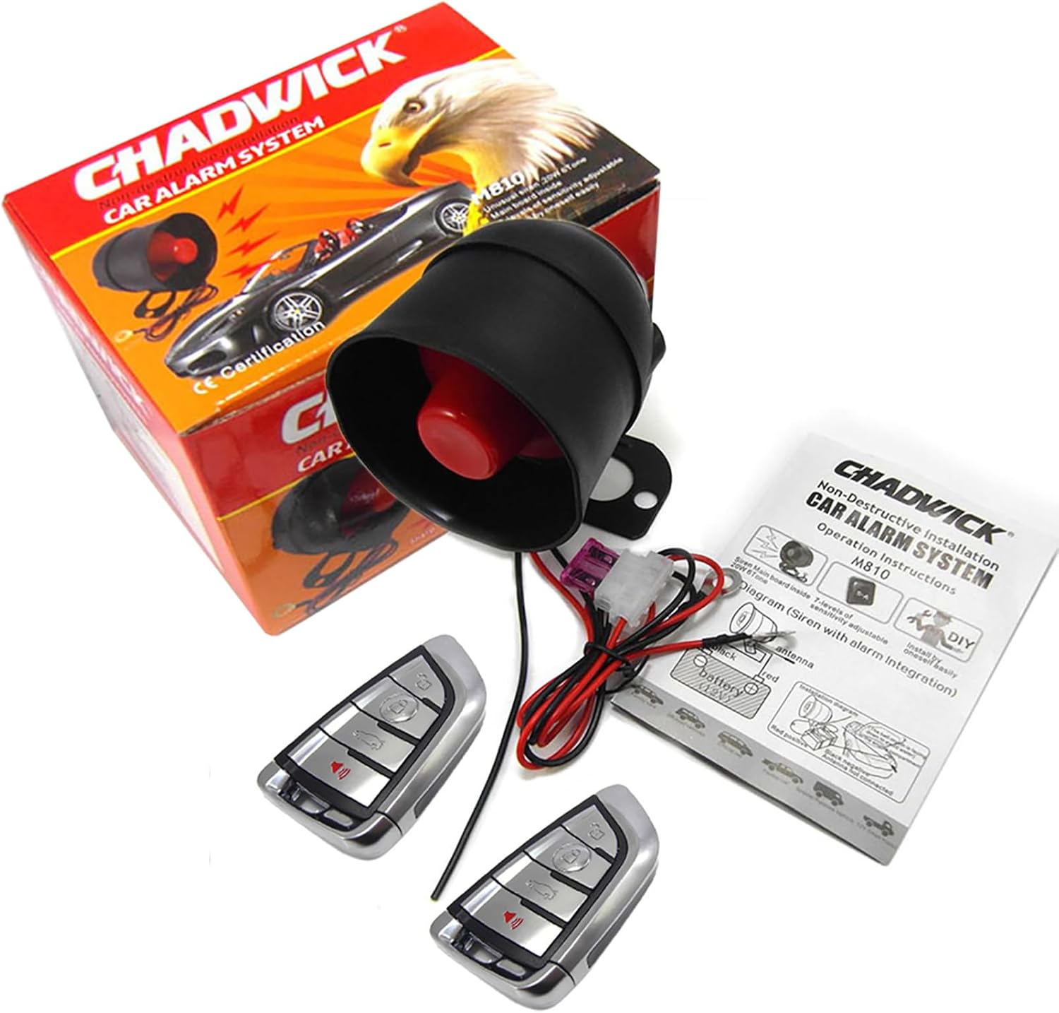CHADWICK Car Horn Siren Alarm,Universal Car Alarm Security Protection System with 2 Remote Controls,7-Level Sensitivity,12v,Anti-Theft Device,No Thread Trimmin,Non-Destructive Installation (CW-8131)