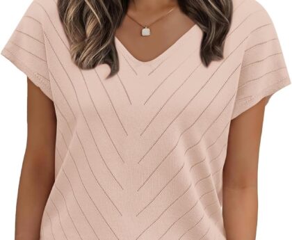 WIHOLL Short Sleeve Sweater for Women V Neck Trendy Summer Tops 2025 Beach Vacation Clothes Travel Business Casual Outfits