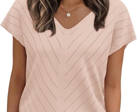 WIHOLL Short Sleeve Sweater for Women V Neck Trendy Summer Tops 2025 Beach Vacation Clothes Travel Business Casual Outfits