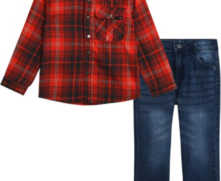 Volcom Toddler Infant Boys Pants Set – 2 Piece Brushed Flannel Shirt and Slim Fit Woven Denim for Little Boys (Sizes: 12M-7)