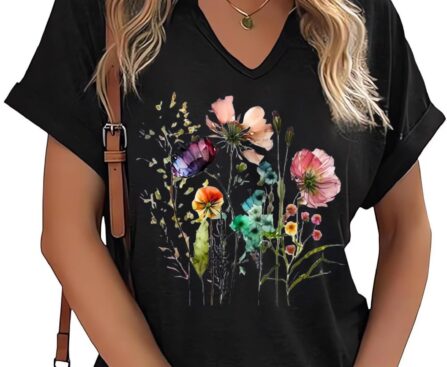 Vintage Flowers V Neck Shirt for Women Boho Floral Wildflowers Graphic Tee Casual Cottagecore Summer T Shirt